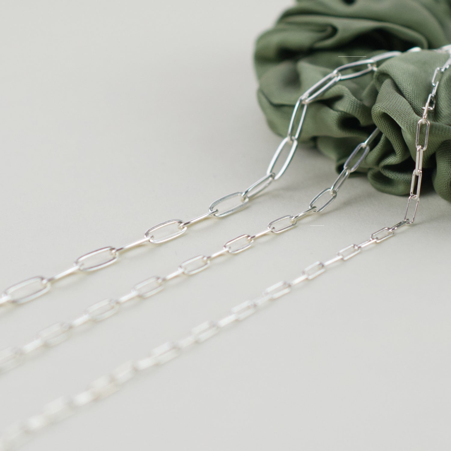 925 Sterling Silver Paperclip Chains with small, medium and large link sizes