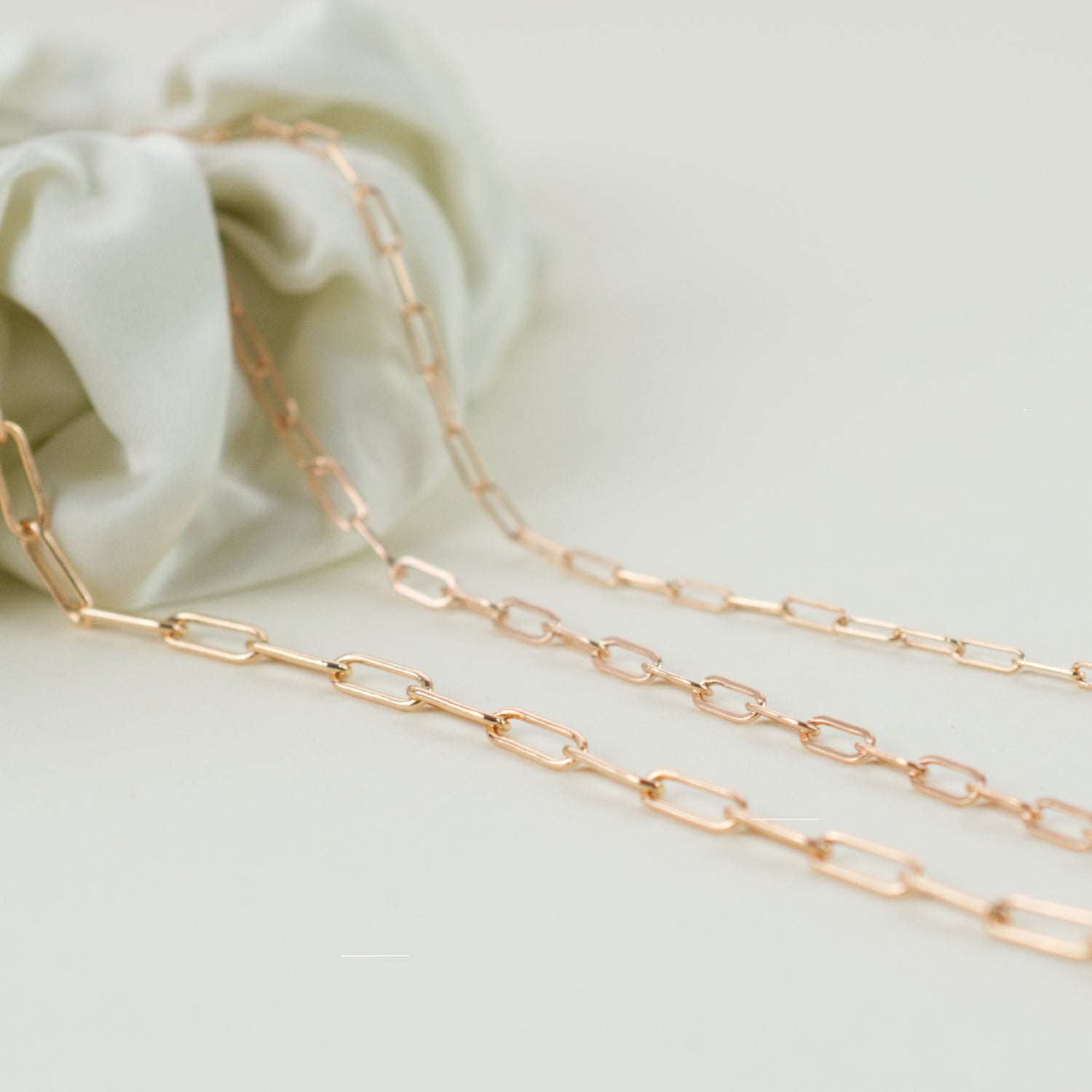 14K Rose Gold Fill Paperclip Chains with small, medium and large link sizes