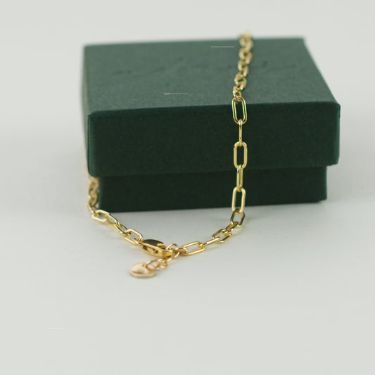 14K Gold Fill Paperclip Chain Bracelet with a lobster clasp and a 3 ring adjustable closure